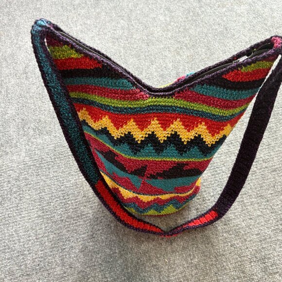 Crochet Shoulder Bag Zigzag Fish Patterned Colorful Long Strap Boho Hippie - Picture 11 of 16